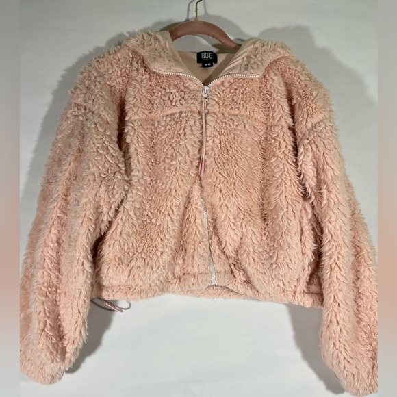 BDG Jackets & Blazers - BDG URBAN OUTFITTERS‎ TEDDY FAUX FUR CROP HOODIE JACKET M PINK PREOWNED